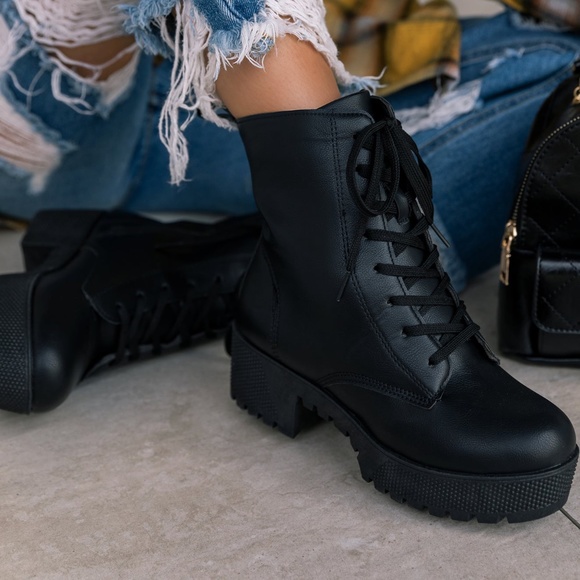 Black Lace Up Combat Boot - Picture 1 of 2